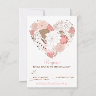 Carte de réponse de mariage aux fleurs de cœur ros