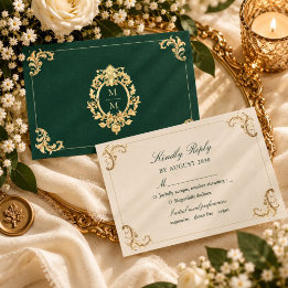 Carte de réponse de mariage baroque vert émeraude