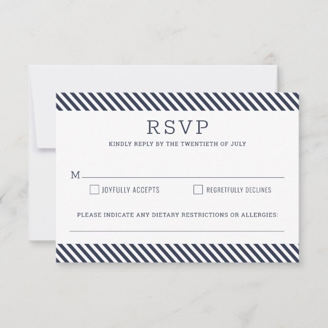 Carte de réponse de mariage bleu marine rayé nauti (Devant)