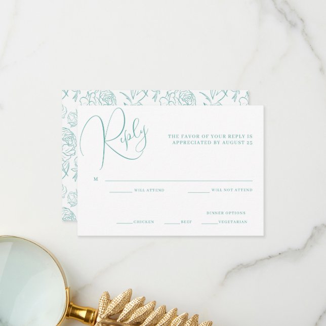 Carte de réponse de mariage Élégance Pivoine (Devant/Arrière en situation)