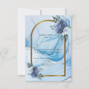 Carte de réponse de mariage élégante bleue et or