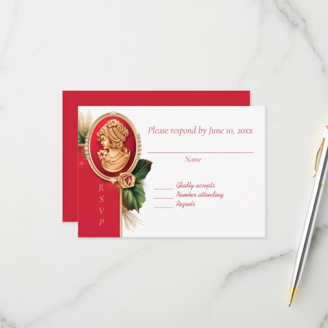 Carte de réponse de mariage élégante rouge et or c (Devant/Arrière en situation)