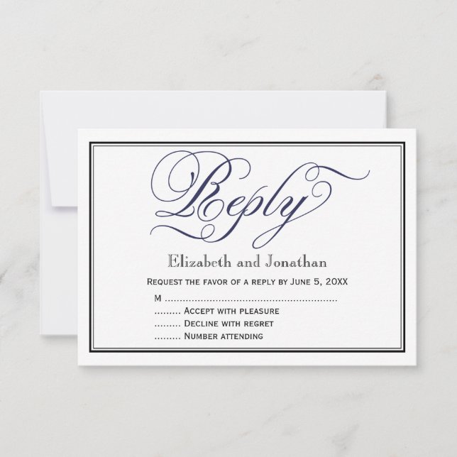 Carte de réponse de mariage en calligraphie Navy C (Devant)
