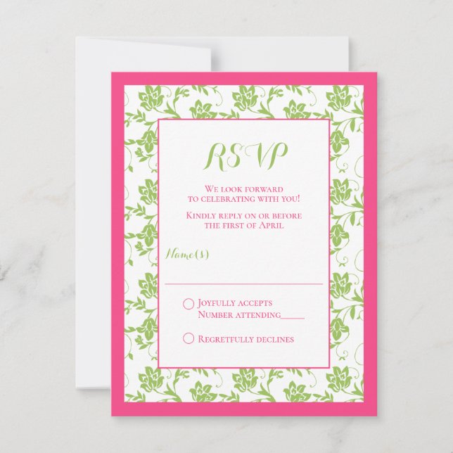 Carte de réponse de mariage en damas floral rose e (Devant)