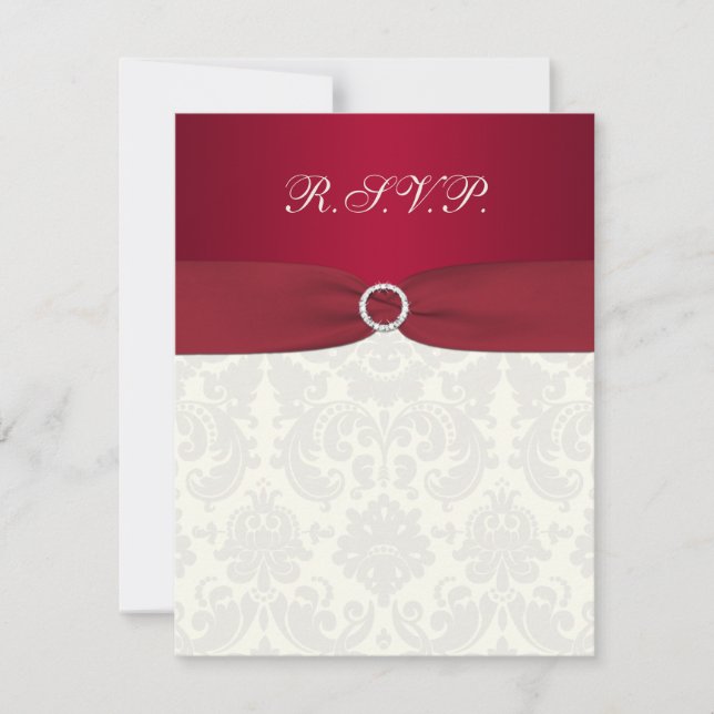Carte de réponse de mariage en damas rouge et ivoi (Devant)