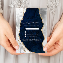 Carte de réponse de mariage en marbre Navy, agate 