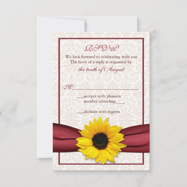 Carte de réponse de mariage en soie damassée ruban (Devant)