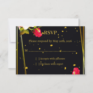 Carte de réponse de mariage floral noir et or "Moo