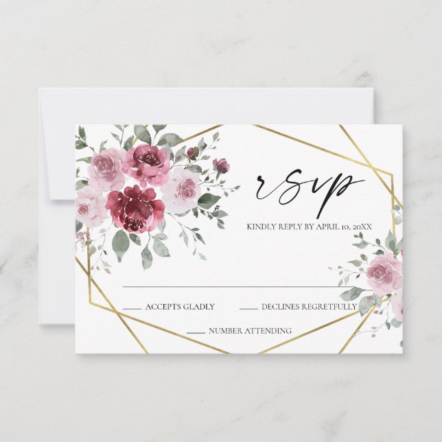 Carte de réponse de mariage floral or et burgundy  (Devant)