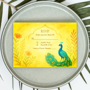 Carte de réponse de mariage floral paon indien