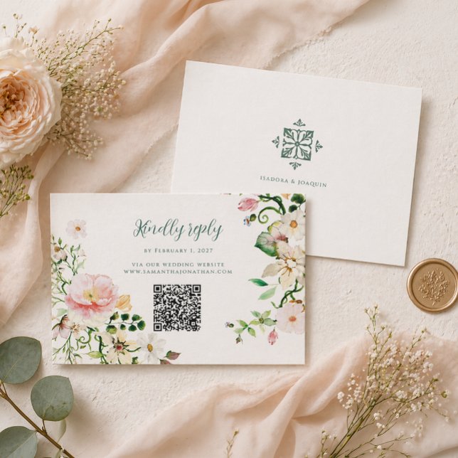 Carte de réponse de mariage florale avec code QR (Créateur téléchargé)