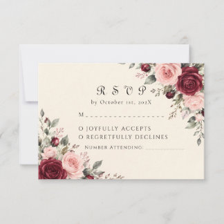 Carte de réponse de mariage florale Bourgogne et r