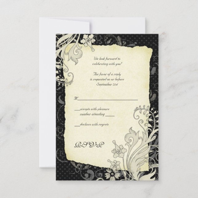 Carte de réponse de mariage florale noire et ivoir (Devant)