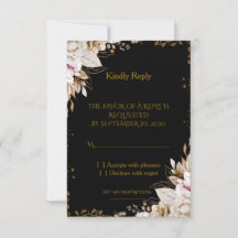 Carte de réponse de mariage florale noire et or él