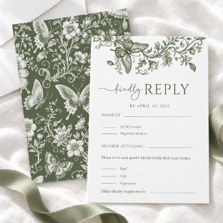 Carte de réponse de mariage florale papillon vert 