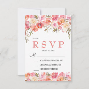Carte de réponse de mariage florale rose pêche pas