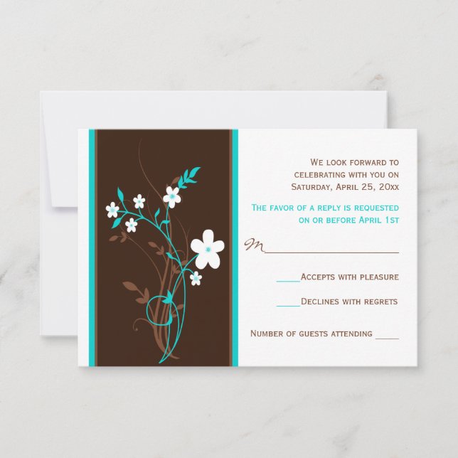 Carte de réponse de mariage florale turquoise, mar (Devant)