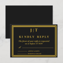 Carte de réponse de mariage Luxe Noir & Or Monogra