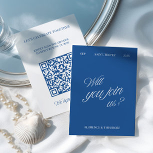Carte de réponse de mariage moderne bleu et blanc 