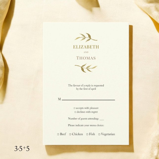 Carte de réponse de mariage moderne traditionnel  (moder vertical ivory and gold wedding rsvp card with monogram name placements )