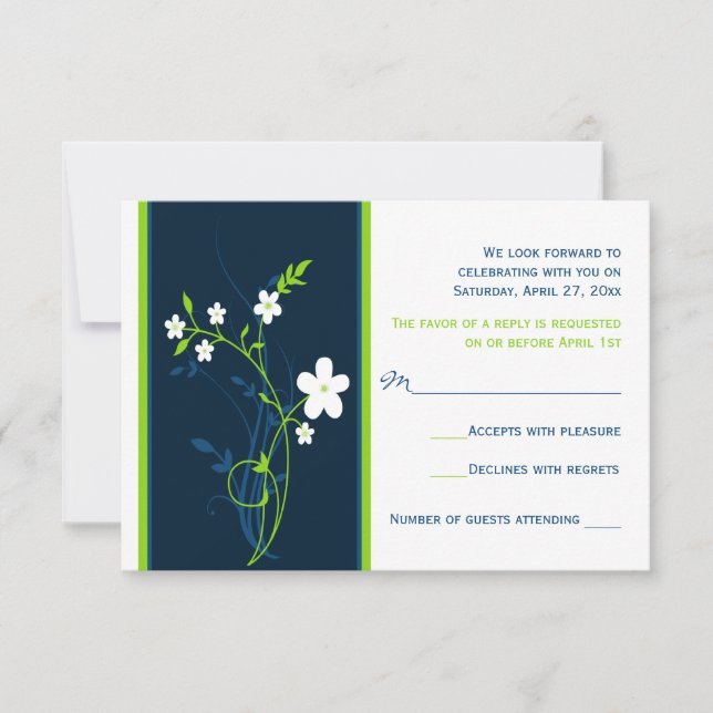 Carte de réponse de mariage Navy, Lime, Fleurs bla (Devant)