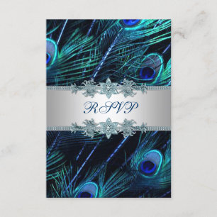 Carte de réponse de mariage Royal Blue Silver Peac