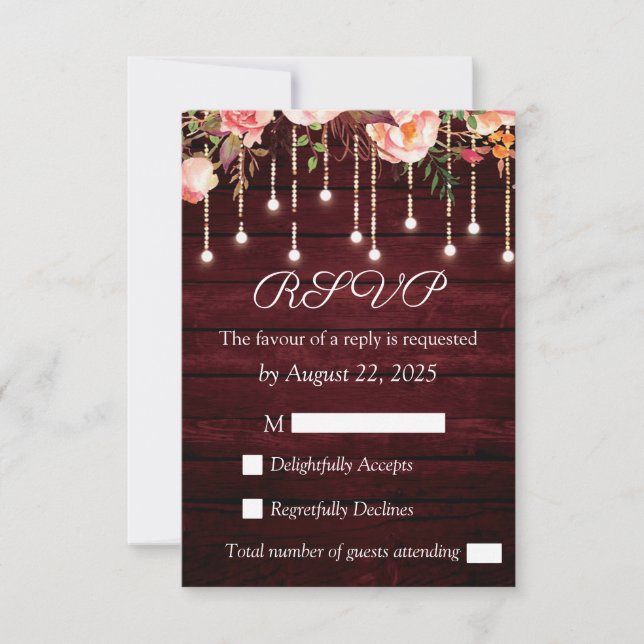 Carte de réponse de mariage rustique en bois marro (Devant)