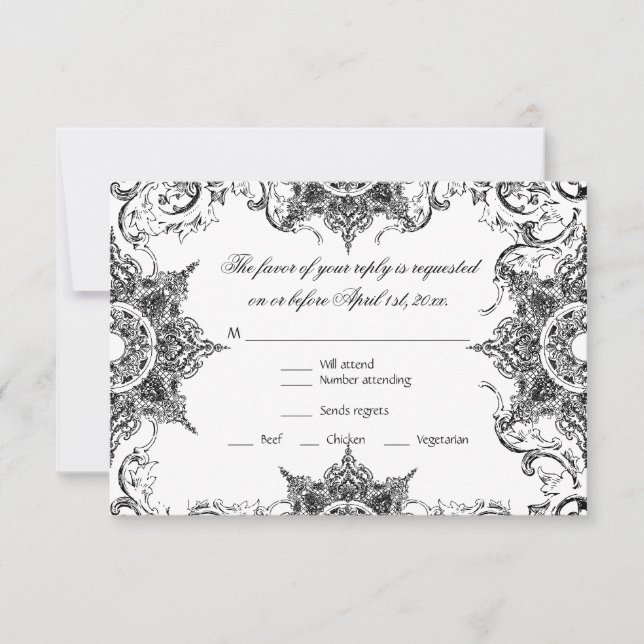 Carte de réponse de mariage toile noire et blanche (Devant)