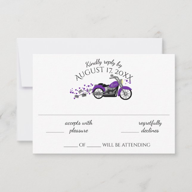Carte de réponse de mariage violet et moto (Devant)