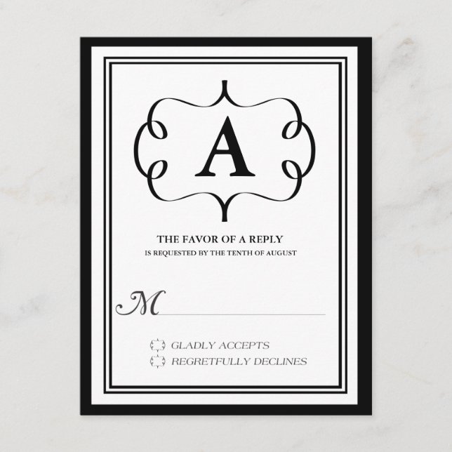 Carte de réponse de monogramme formel en noir (Devant)