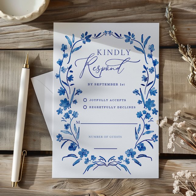 Carte de réponse du cadre bleu floral (Blue Floral Watercolor Frame Response Card RSVP)