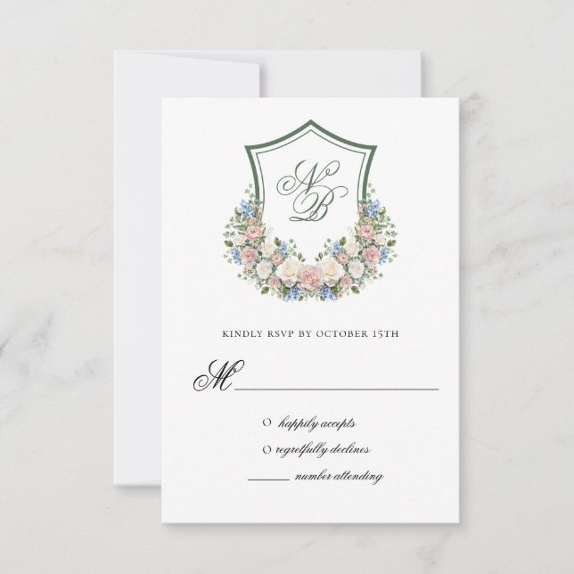 Carte de réponse du Mariage de crête florale bleu  (Devant)