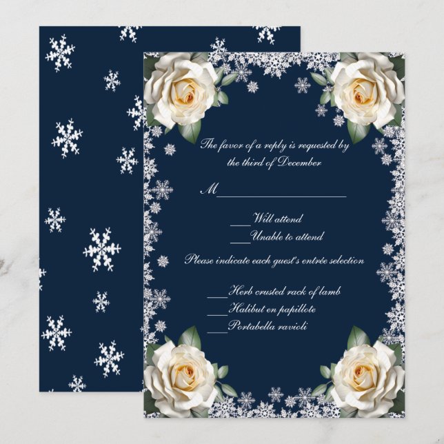 Carte de réponse du Mariage de Snowflake Roses bla (Devant / Derrière)
