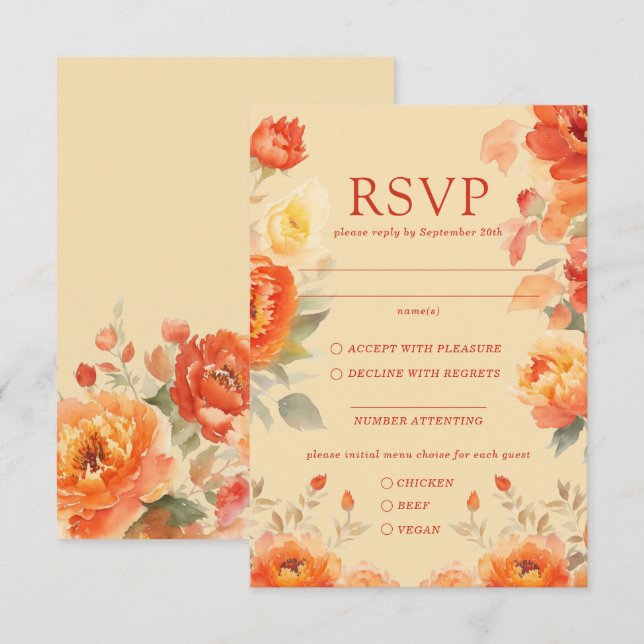 Carte de réponse du Mariage Floral Orange Bural Au (Devant / Derrière)