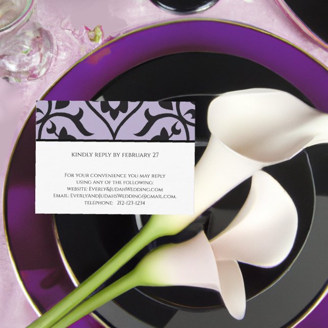Carte de réponse du Mariage RSVP Damas violet noir (Créateur téléchargé)