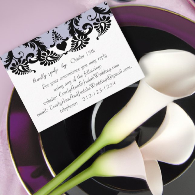 Carte de réponse du Mariage RSVP Damas violet noir (Créateur téléchargé)