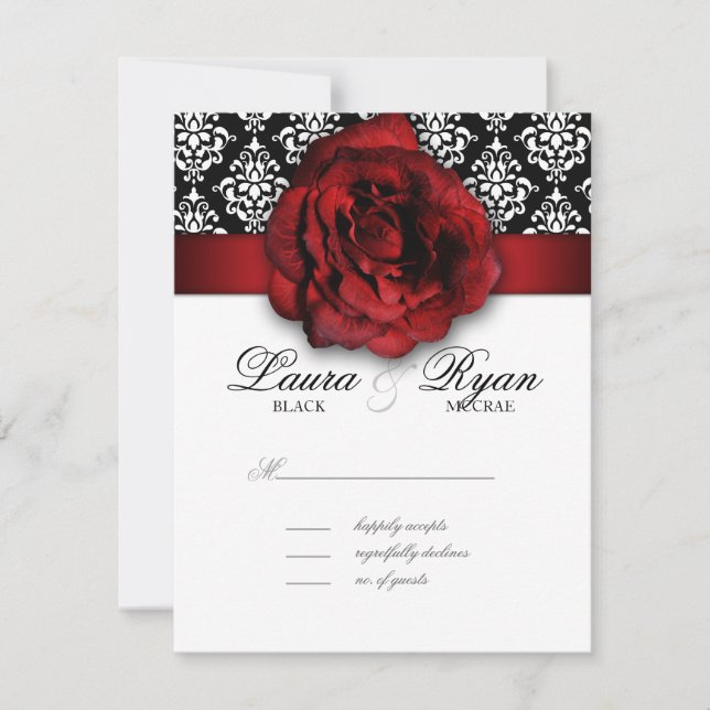 Carte de réponse du Mariage RSVP Red Rose Damask (Devant)