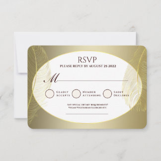 Carte de réponse élégante ovale or et plume RSVP
