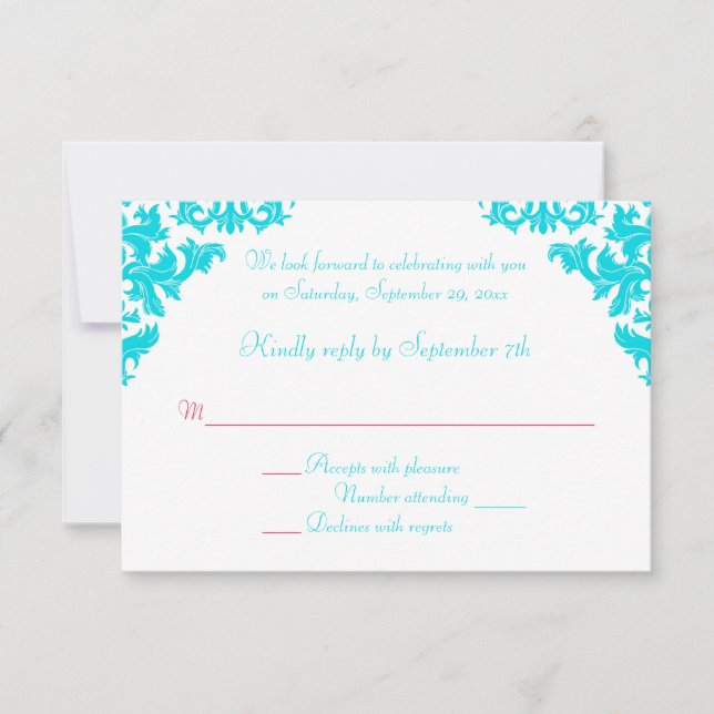 Carte de réponse en damas aqua, blanc et rouge (Devant)