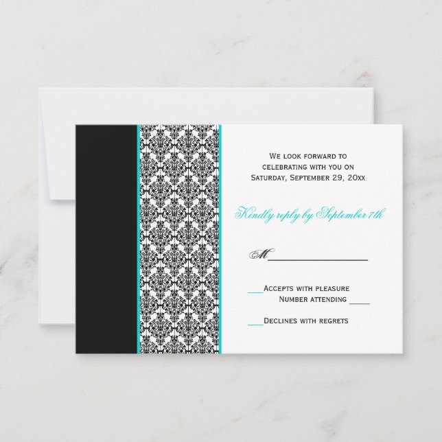 Carte de réponse en damas noir blanc et turquoise  (Devant)