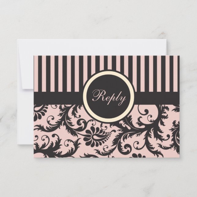 Carte de réponse en damas rose poudré, crème et gr (Devant)