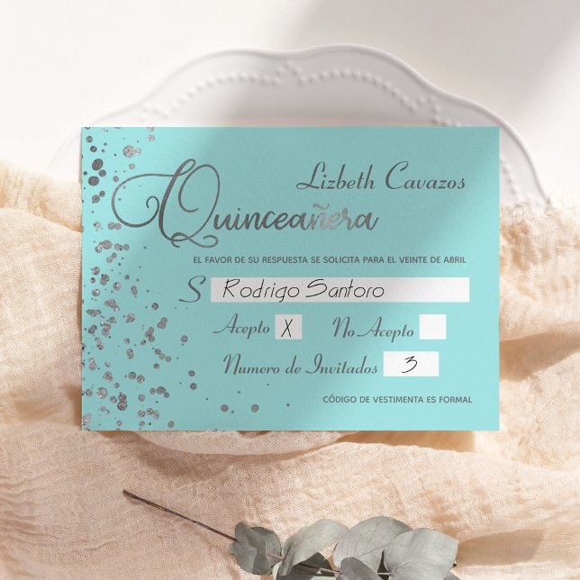 Carte de réponse espagnole Quinceanera Blue Silver (Créateur téléchargé)