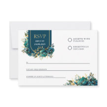 Carte de réponse fleurs turquoise avec accents dor