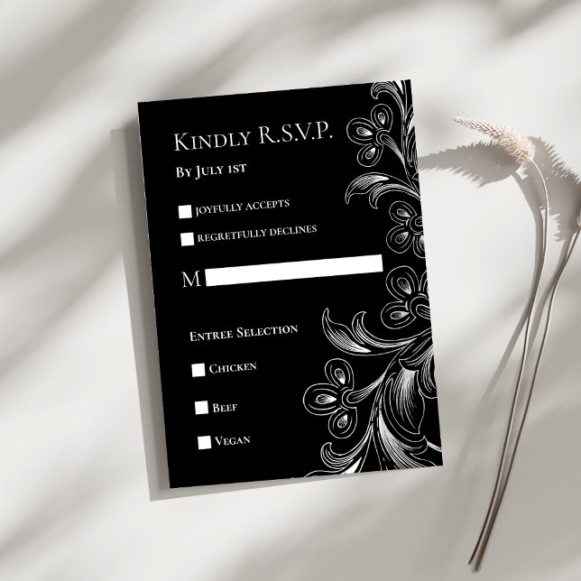 Carte de réponse florale élégante noir et blanc RS (Black and White Floral Elegant Wedding RSVP Response Card)