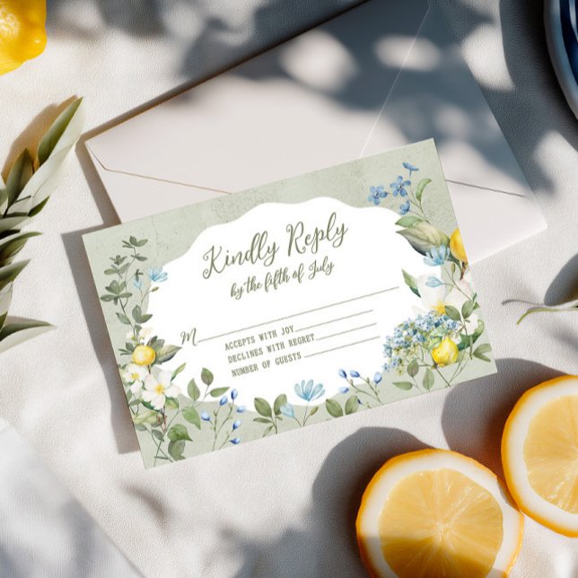 Carte de réponse florale La Dolce Vita Lemon (Coordinate your Italian-inspired celebration with this watercolor lemon and blue floral RSVP card. )