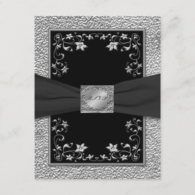 Carte de réponse florale noire et plombée (Devant)