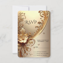 Carte de réponse florale ornée dorée RSVP