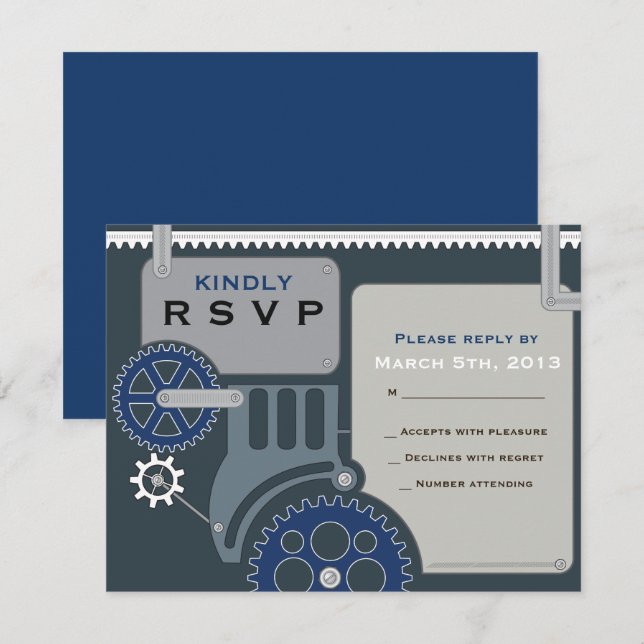 Carte de réponse GEARS Bar Bat mitzvah Invitation  (Devant / Derrière)