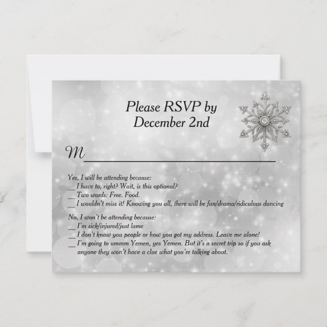 Carte de réponse humoristique pour mariage en floc (Devant)