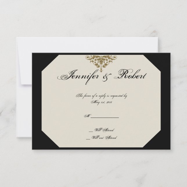 Carte de réponse Mariage damassé en ivoire noir et (Devant)